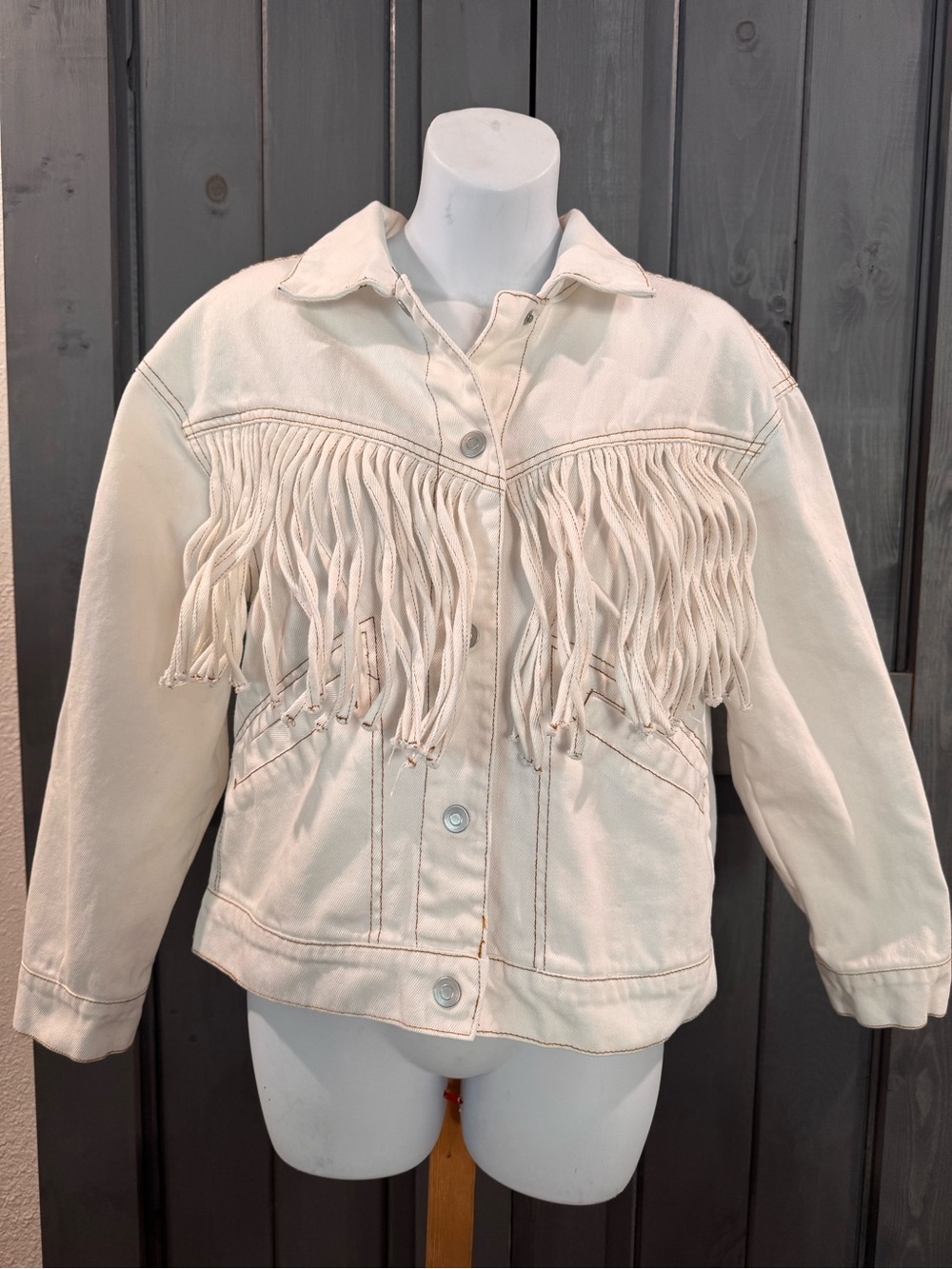Cream Fringe Jean Jacket with Western Yoke